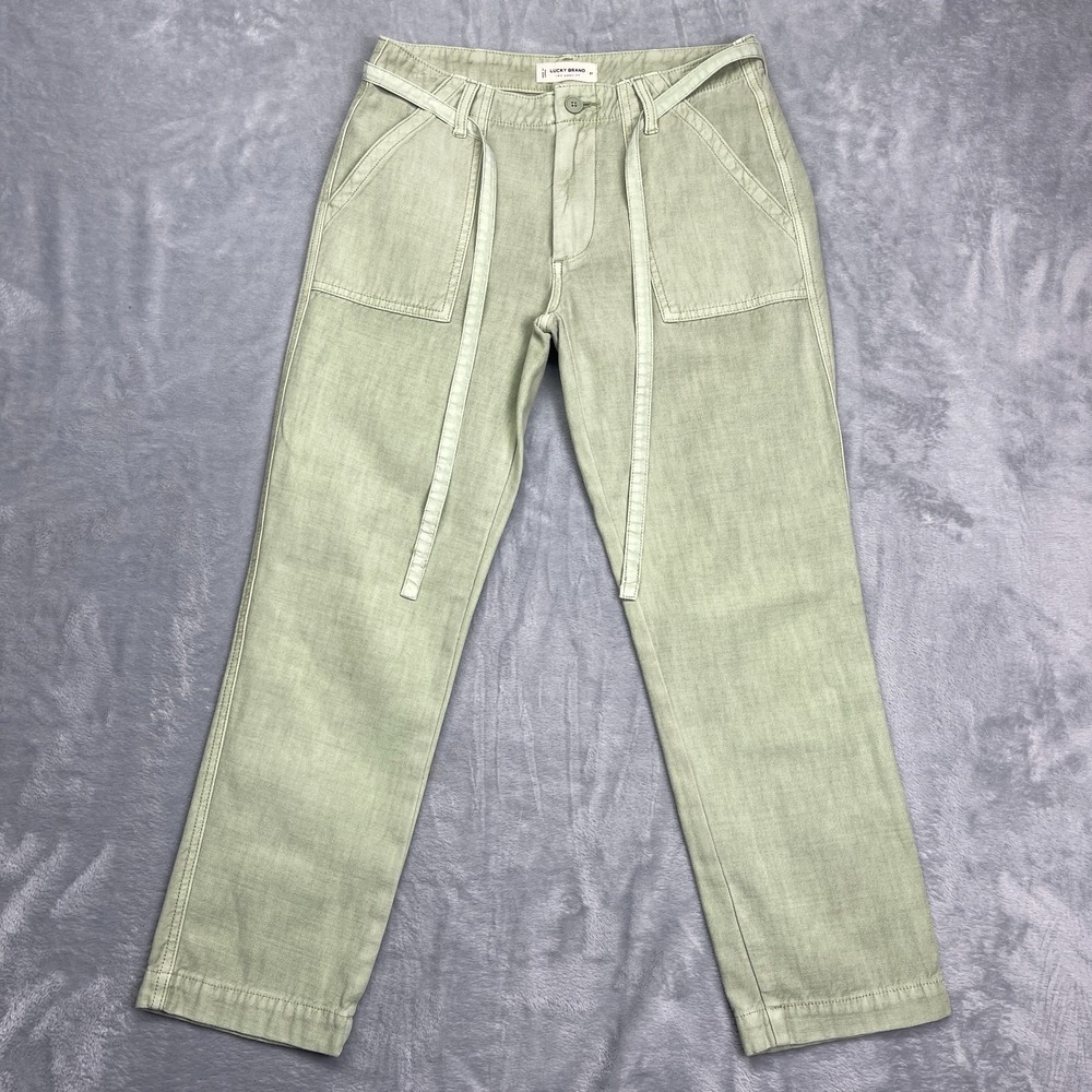 Lucky Brand Chino Pants Womens 4/27 Green Canvas Belted Straight Leg Outdoor